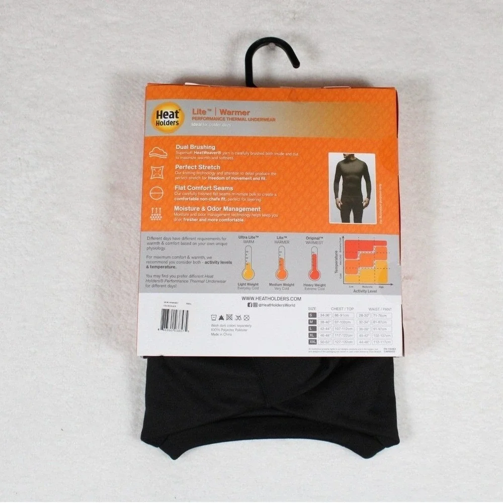 Heat Holders Lite Thermal Underwear Long Sleeve Crew Top Black Mens Large 42-44